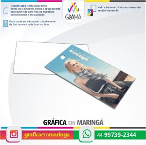 Tags para Roupas 4x0 cor Couchê 250g 9 x 5 cm 4x0 Verniz UV Total Furo 3mm ou 5mm 